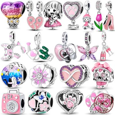 Pink Color Series Charms Beads Copper Cute Girl Pink Dangle Flower Heart Shape Pendant Fit Pandora Bracelet Necklace Jewelry