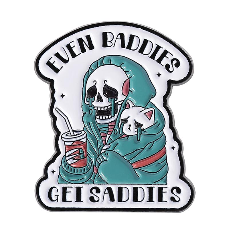 

Even Baddies Get Saddies Enamel Pin Punk Skeleton Coffee Mental Health Brooch Lapel Backpack Badge Funny Jewelry Gift For Friend