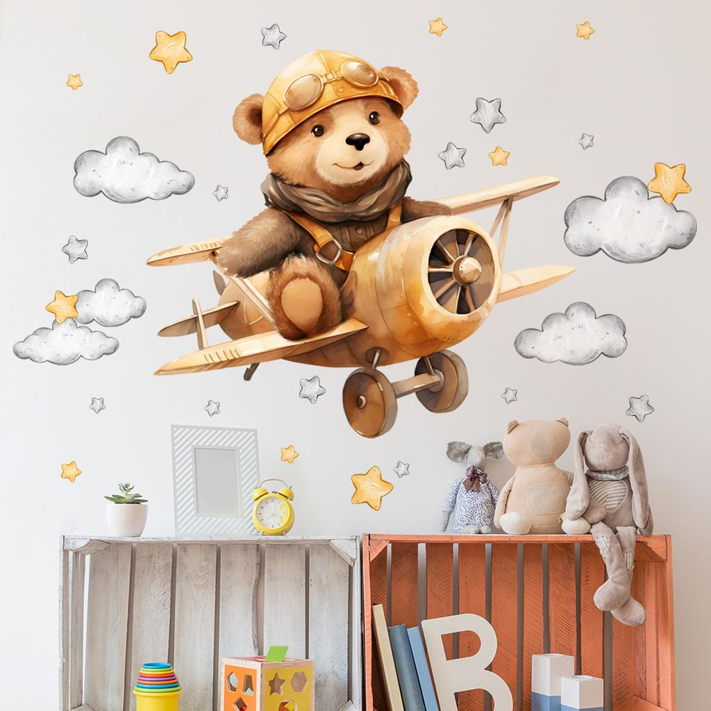 Cartoon Creative Bear Pilot Flying Plane Children's Room Bedroom Home Decoration Wall Stickers