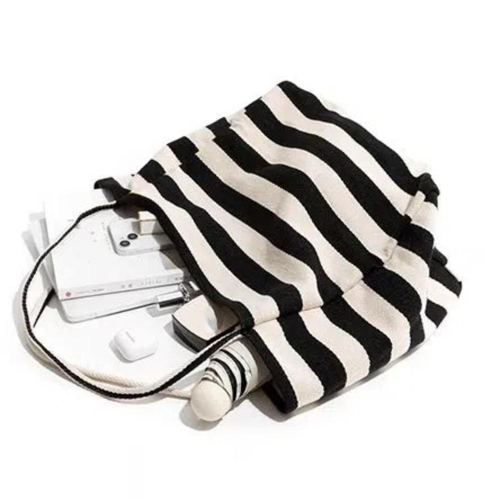 Contrast Color Black White Stripe Bag Large Capacity Thin Straps Tote Bag  Daily