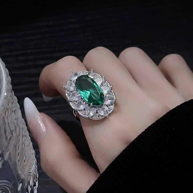 Винтажное Серебряное Кольцо с Изумрудом Эллипс Стиль Цветок Двора Paraiba Регулируемое Открытое Кольцо Женское Свадебное resizable