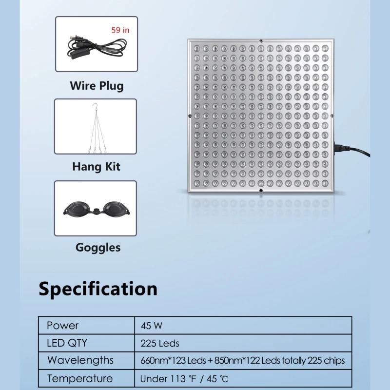 45W LED Red Light Panel 225 LEDs 660nm 850nm Near Infrared Light Device for Face Body Skin Care Beauty