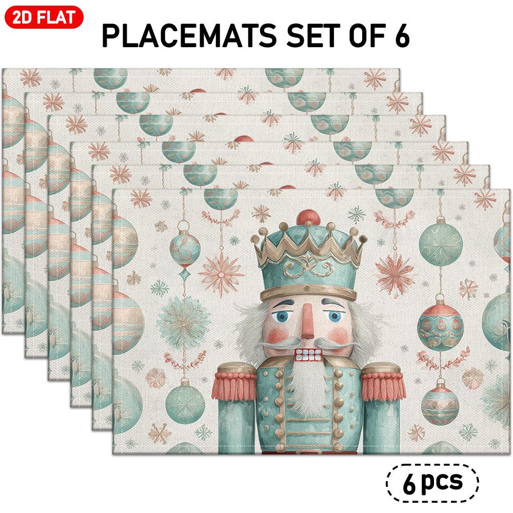 4pcs or 6pcs Linen Placemats Compatible for Nutcracker & Ornaments - Elegant Christmas Table Mats with Snowflake Patterns, Rectangular Xmas Table Deco