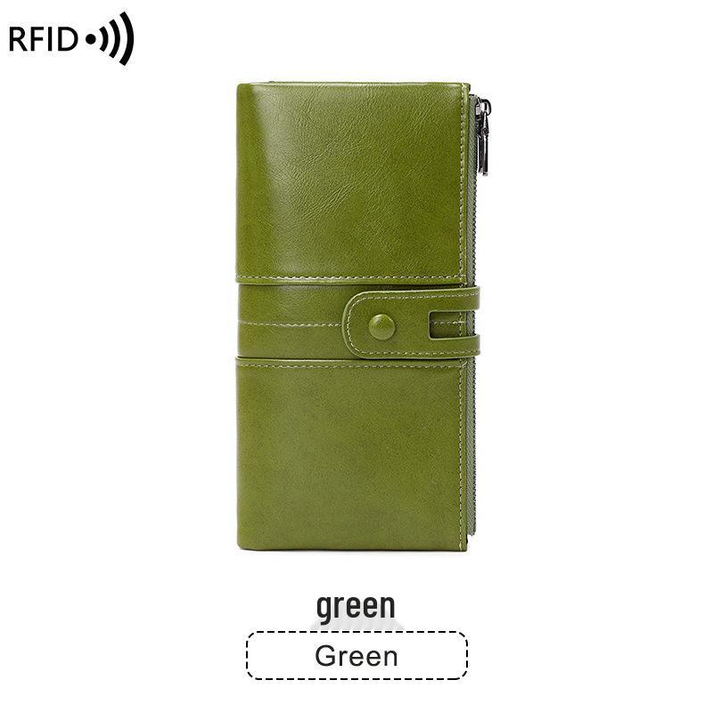 Cross-border RFID Women's Anti-Magnetic Wallet - Soft Oil Wax Leather Clutch, European & American Retro Long Zipper