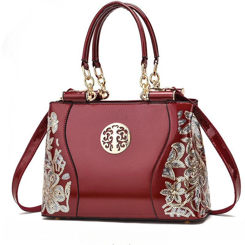 

Женские сумки в китайском стиле в стиле ретро, модная вышивка пайетками, высокая чувствительность, женская сумка через плечо из искусственной кожи, большая вместимость, портативная сумка через плечо для подарка маме бордовый