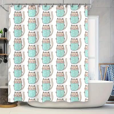 Blau-Weißes Katzenmuster Duschvorhang-Set Heimdekoration Wasserdichter Badezimmerteppich Kollektion (Set von 1)