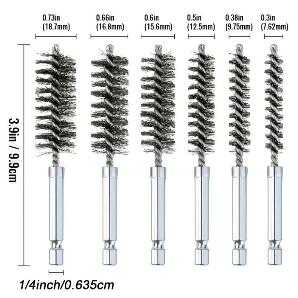 6Pcs Stainless Steel Wire Brush Set Hex Handle Drilling Cleaning Tools for Grinding, Polishing & Rust Removal