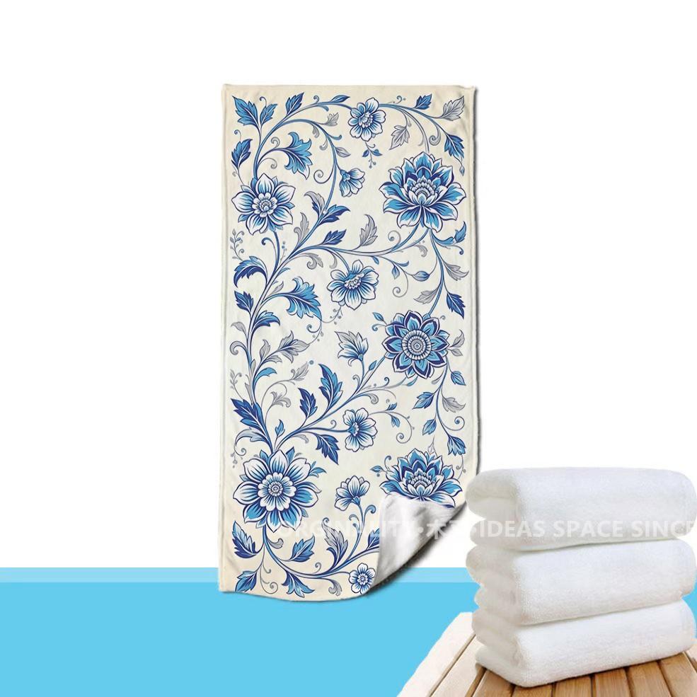 Blue Porcelain Floral Beach Towel Patterned Sunscreen And Windproof Suitable For Swimming Pool Camping Travel