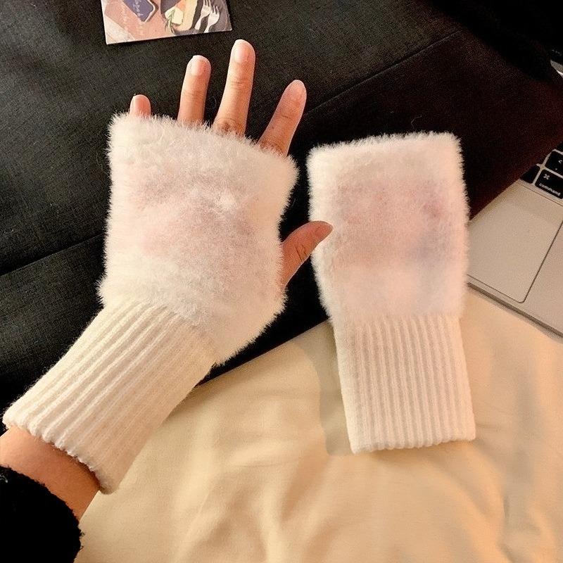New Solid Color Winter Half Finger Gloves Women Girls Mink Fleece Plush Knitted Soft Finger-less Gloves Wrist Mittens Writing