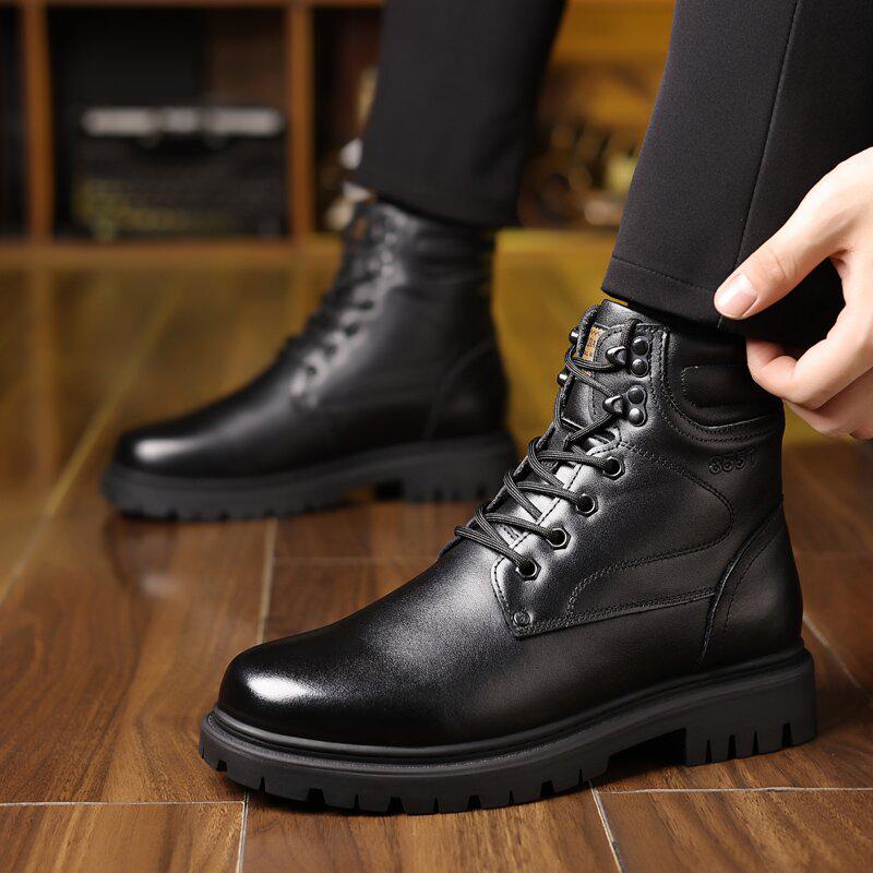 Men's Winter Cowhide Wool-Lined High Top Leather Snow Boots