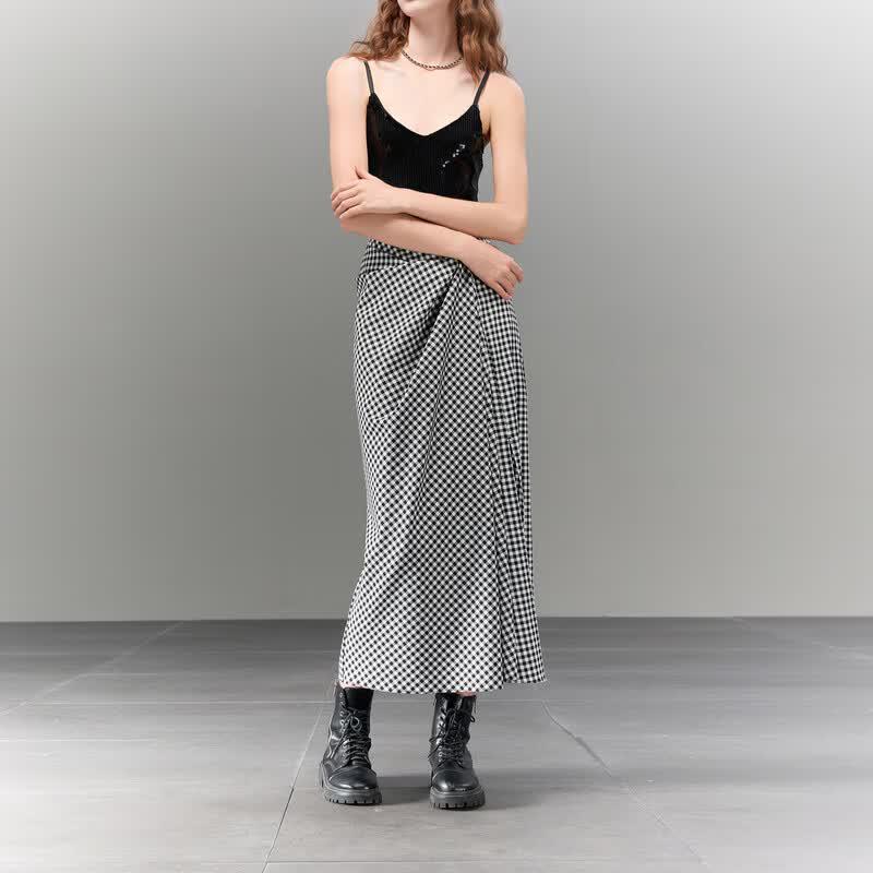 Sancai Damen Asymmetrischer Karrierter H-Linien Maxirock