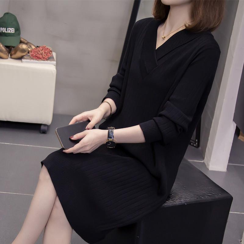 

Plus Size Autumn Winter V-Neck Long Sleeve Knit Dress for Middle-Aged Women, 2025 New Style Temperament Sweater Dress L (suggested weight: 90-110 jin) чёрный