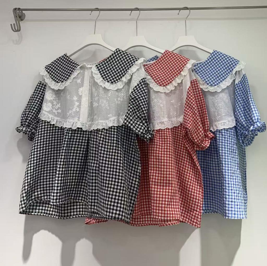 1116 Summer New Women's Lapel Japanese Cotton Shirt Loose Shirt Top Cardigan Vintage Mori Women's Plaid