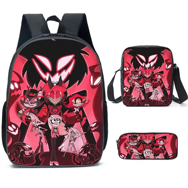 Hazbin Hotel Anime Ensemble de 3 pièces Sac à dos Étudiant Sac d'école à bandoulière Enfants Mignon Sac à dos de voyage Cadeau d'anniversaire pour enfants