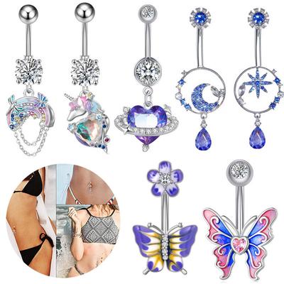 Stal nierdzewna Jednorożec Tęczowa Planeta Motyl Cyrkon Wisiorek Piercing Pępek Pierścień Biżuteria Ciała Dla Kobiet