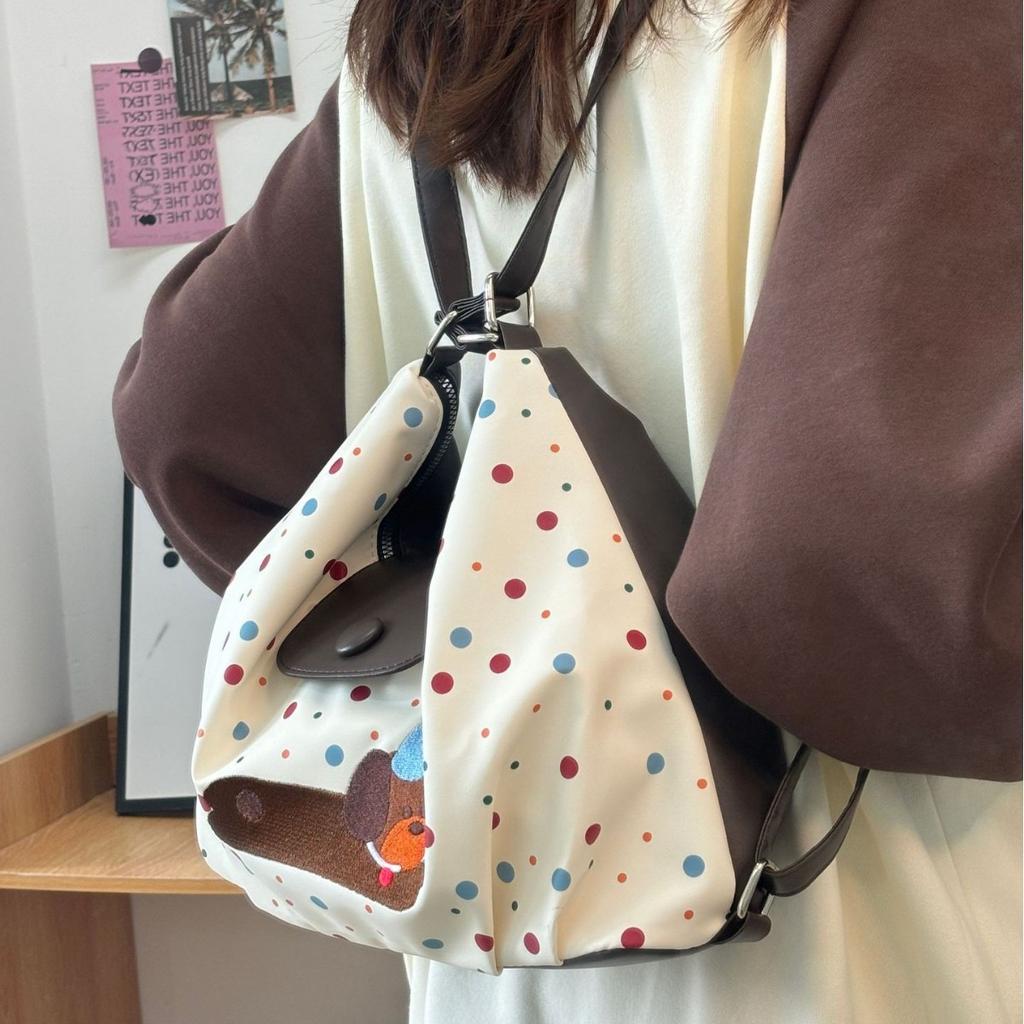 Puppy Tote Bag Cute Single Shoulder Crossbody Backpack Polka Dot Bag Niche Versatile Cartoon Coffee Color One Bag Three Ways to Carry