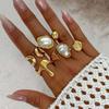 Ingemark 5Pcs/Set Retro Elegant Baroque Imitation Pearl Open Ring Trendy Irregular Geometry Adjustable Ring Set Birthday Jewelry
