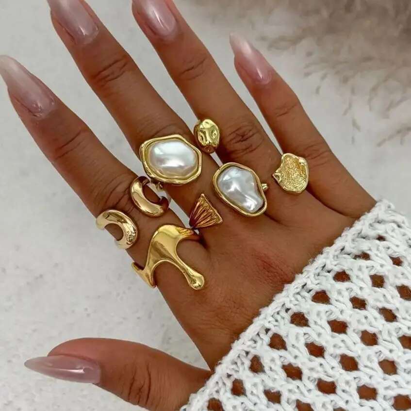 Ingemark 5Pcs/Set Retro Elegant Baroque Imitation Pearl Open Ring Trendy Irregular Geometry Adjustable Ring Set Birthday Jewelry