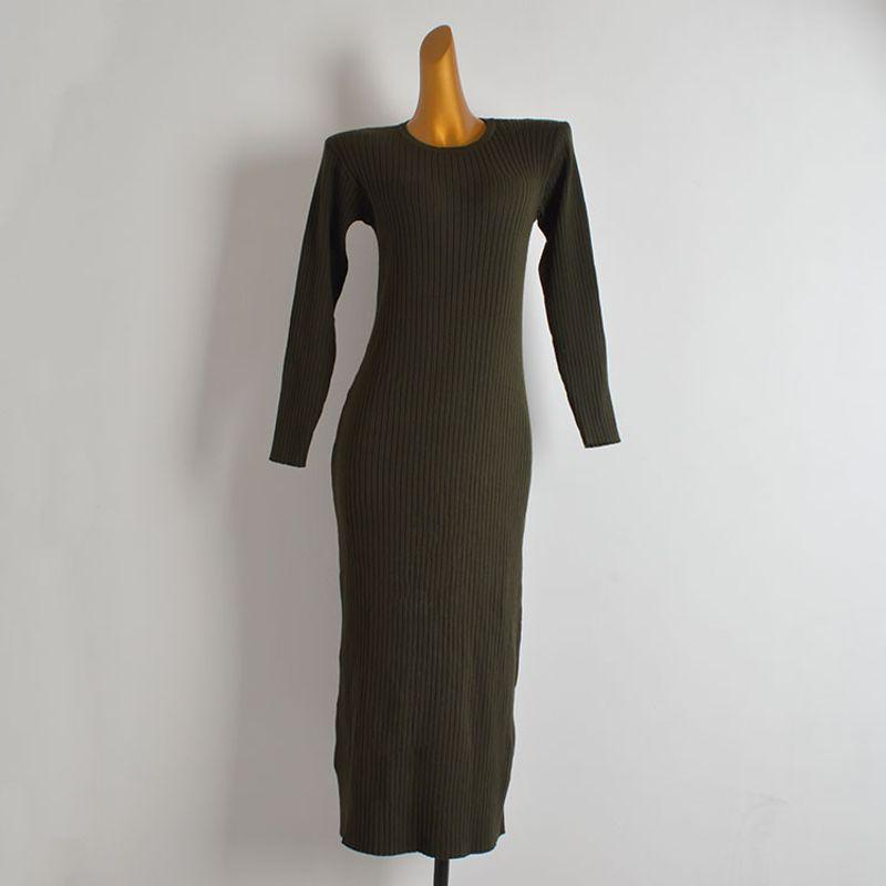New Arrival Pure Color Round Neck Pullover Long Sleeves Knitting Dress Women's Clothing Fall Slim Fit Slim Looking Below the Knee Long Dress