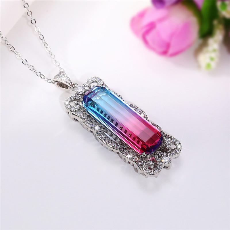 Silver Plated Baguette Cut Gradient CZ Pendant Necklace, Ornate Scrollwork Frame Cable Chain Necklace for Women