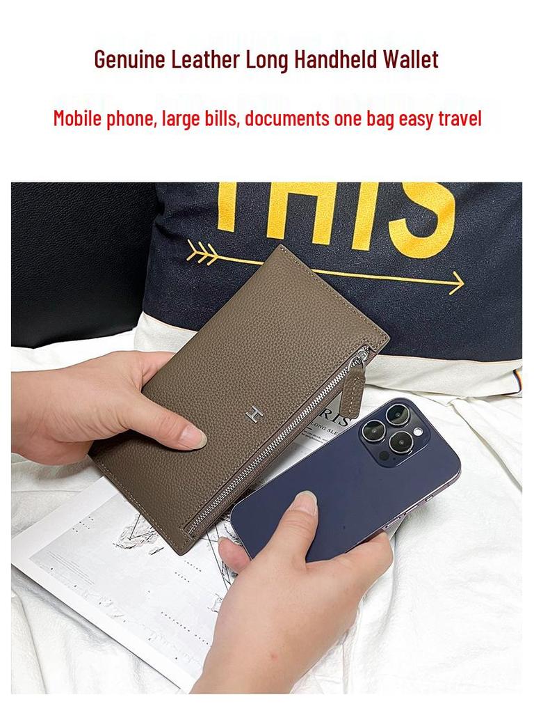Women's Ultra-Thin Genuine Leather Wallet 2025: Top Grain Cowhide Clutch with Phone & Card Holder, Simple Zipper Design