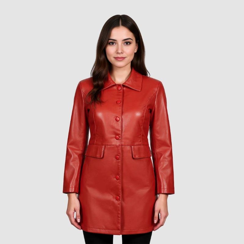 Autumn Winter Polo-neck Solid PU Leather Single Breasted Coat Women All-match Cardigan Jacket Top Outwear