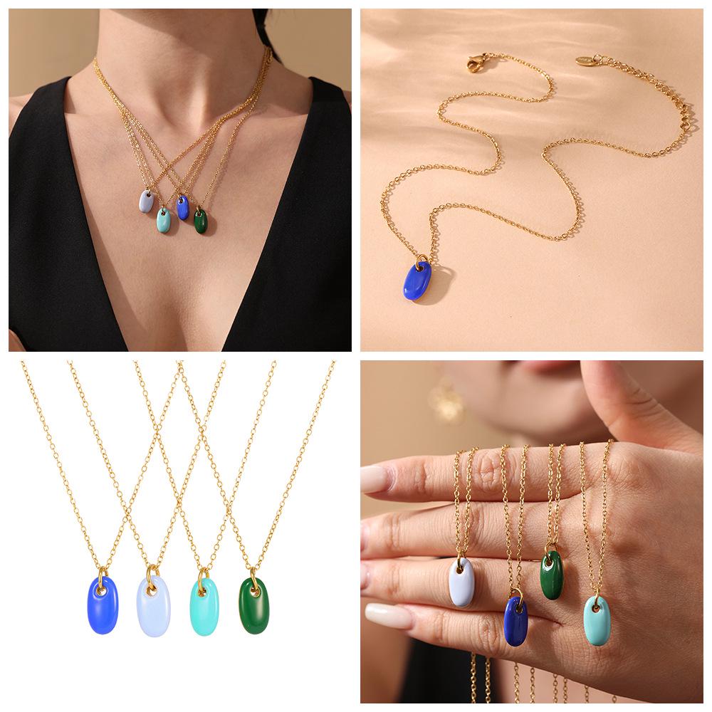 Morandi Color Oval Enamel Drop Pendant Necklace, Simple & Elegant Clavicle Layer, Stainless Steel Chain, Non-Fading.