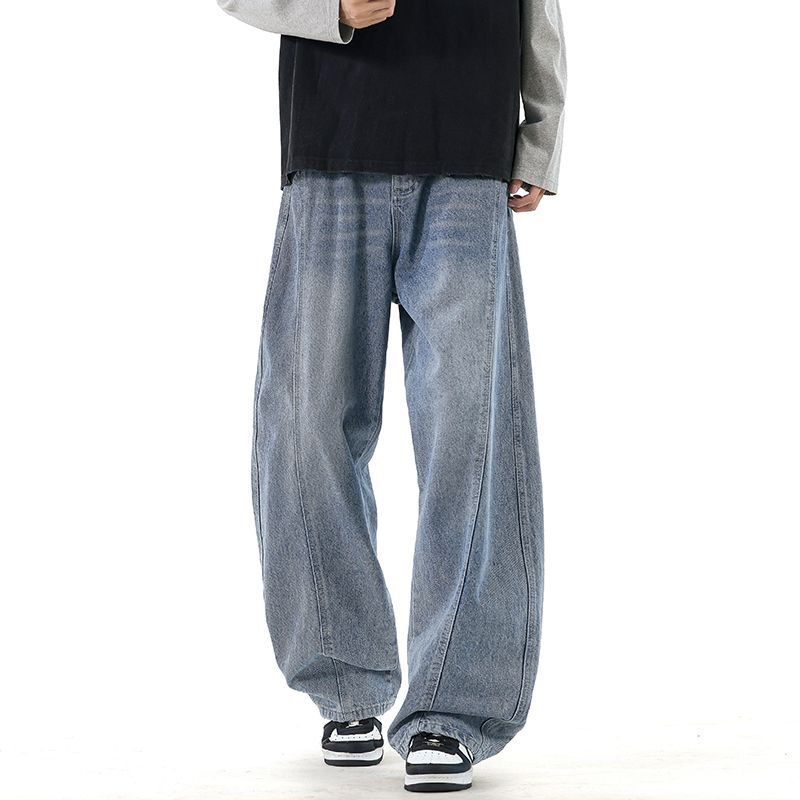 American Retro Trendy Brand Splicing Washed Scimitar Jeans Men's Trendy Loose Wide-leg Drape Straight Trousers