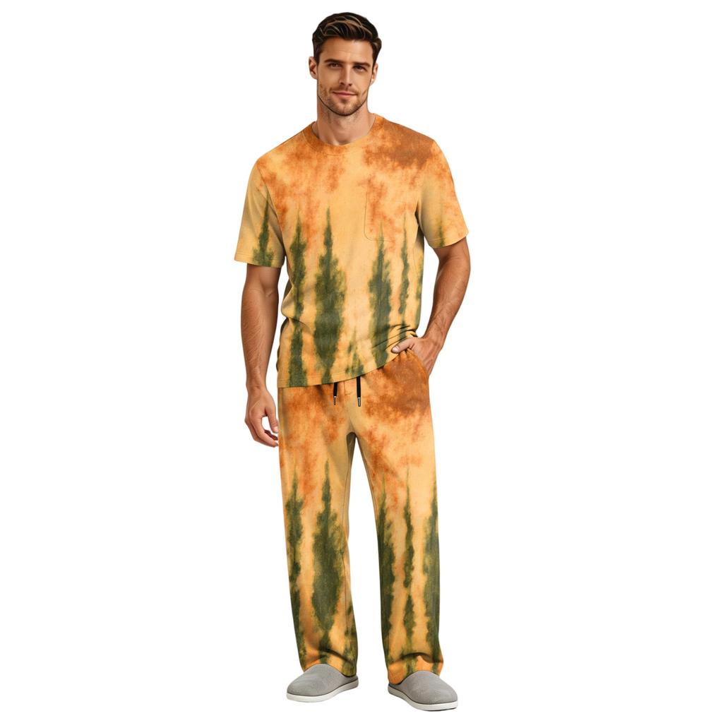 Men's Home Pajama Set, Short Sleeve Top and Long Pants with Button Fly and Drawstring Waist