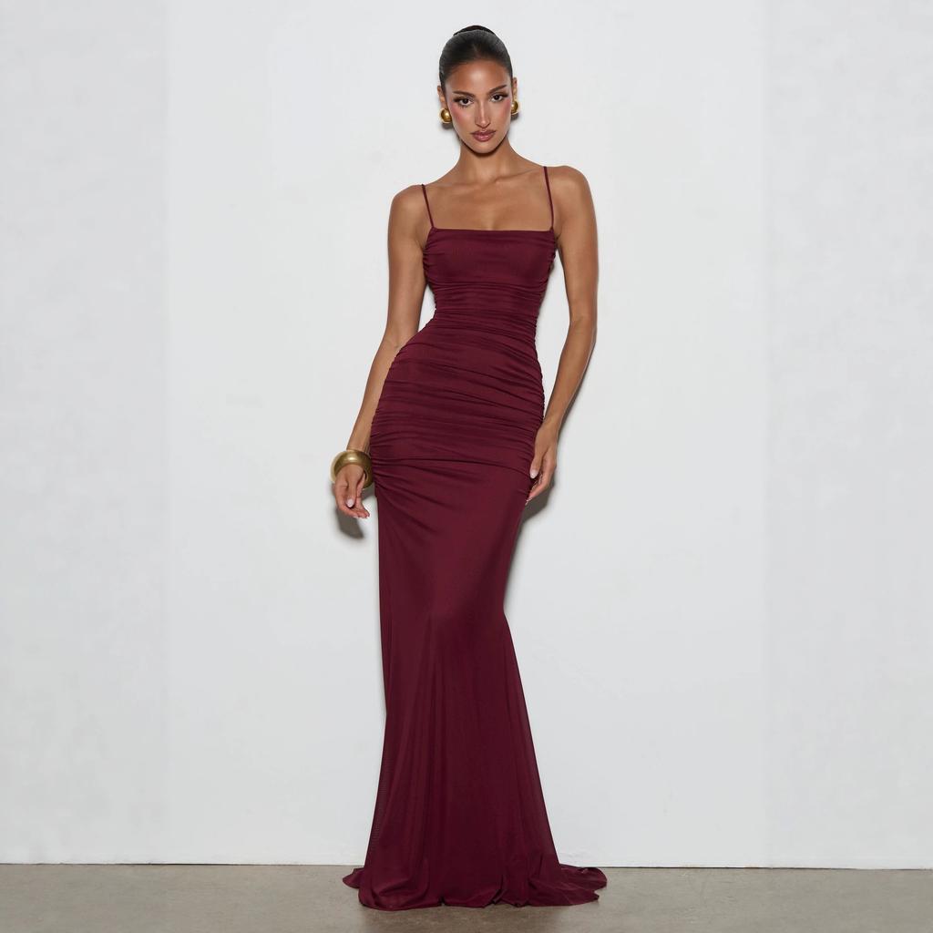 Damen Spaghettiträger Maxikleid Ärmellos Raffung Bodycon Formelles Abendkleid