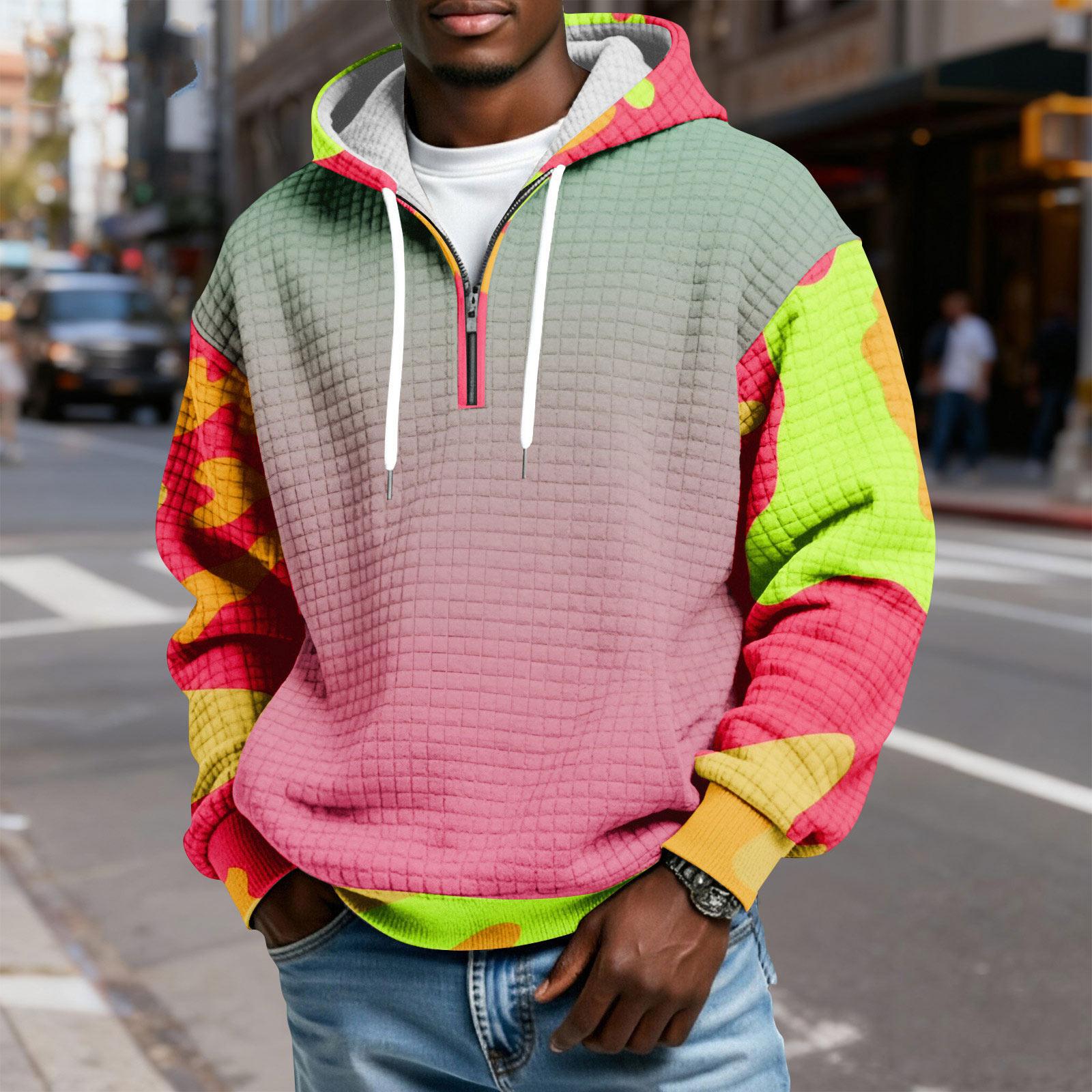 

Men s Half-Zip Hooded Plaid Pullover Drawstring Print Casual Sports Sweatshirt XL