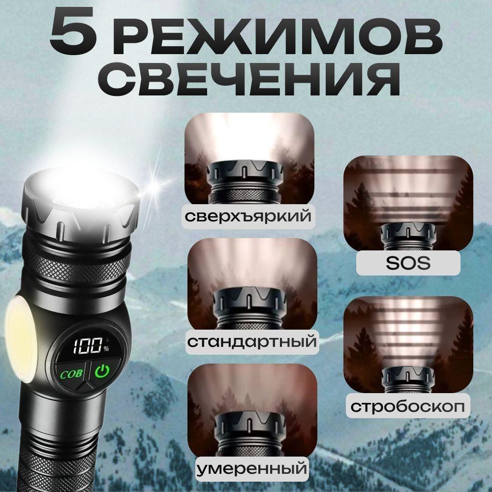 Portable rechargeable zoom flashlight with display screen, LED flashlight with emergency side light 5 lighting modes