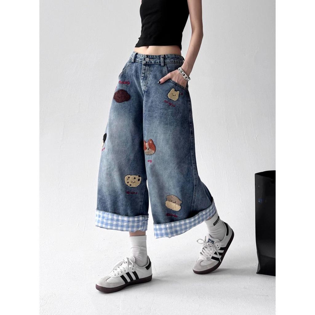Summer Women Japanese Jorts Kawaii Embroidery Jean Shorts Cute Core Denim Capri Pants Harajuku Wide Fit Jeans