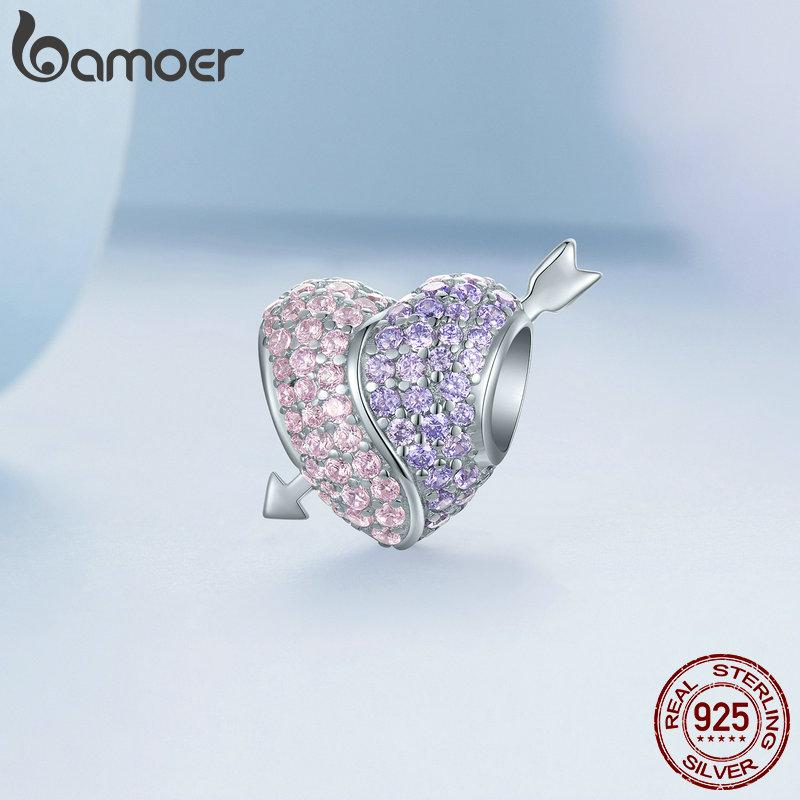 

BAMOER Стерлинговое серебро 925 пробы со сверкающими фиолетовыми и розовыми цирконами Тай Чи и подвесками в форме сердца из бисера, ювелирные украшения 925 silver