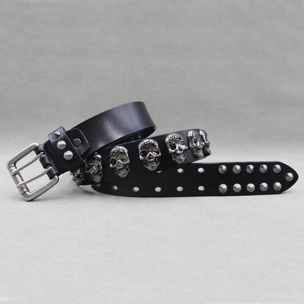 New Pure Cowhide Personalized Rivet Belt Skull Spike Decoration Trendy Denim Pin Buckle Punk Belt