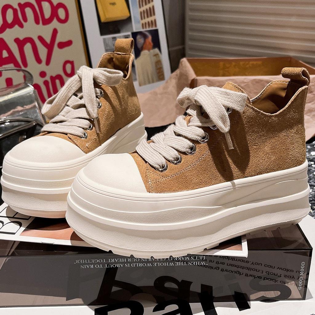 2025 new matte leather thick-soled muffin lace-up sweet cool big head small 6cm high-top casual women's shoes