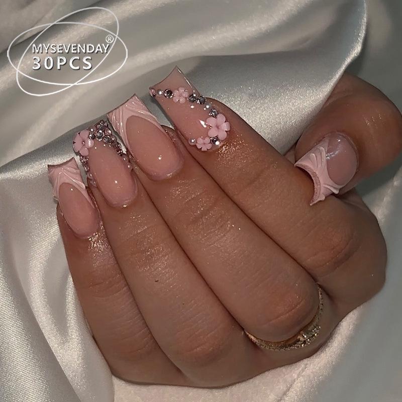 European & American Style Flash Diamond Flower French Manicure Press-On Nail Tips