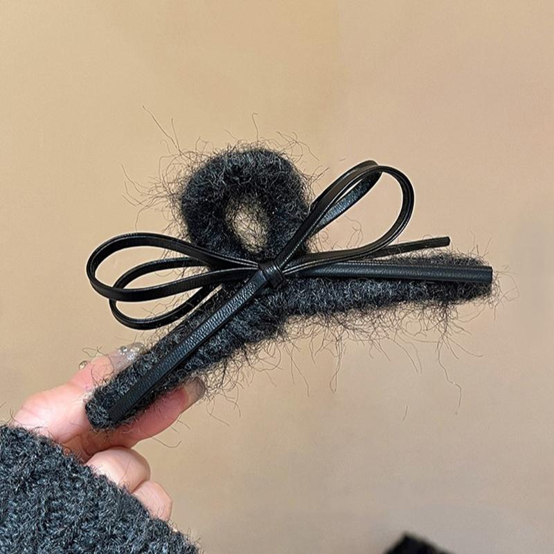 Plush Leather Bow Large Hair Claw Autumn/winter Furry Headband Womans Elegant Hair Pins Shark Clips Female Fashion Barrettes