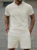 Men's Casual Waffle Half-Zip Short Sleeve Shorts Set - European & American New Style