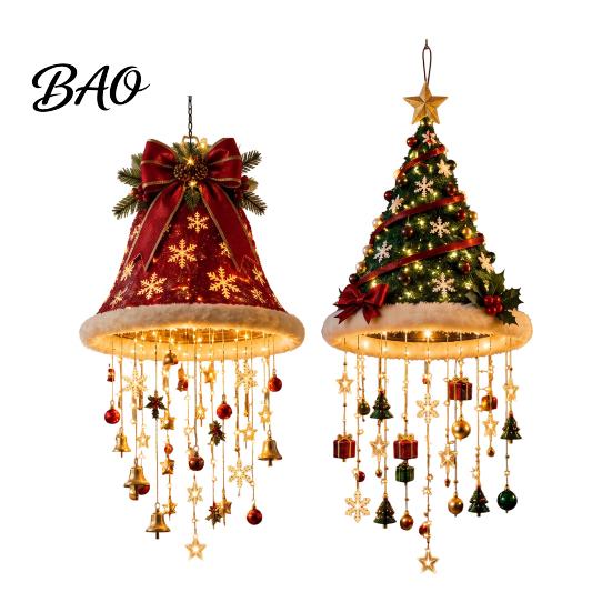 Staggered Light Pendant Lighted Christmas Ceiling Hanging Decor, Pre-Lit Tree Bell with Holiday Party Supplies Warm LED, Porch Doorway Ornament,