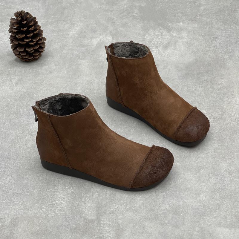 

Johnature Handmade Retro Genuine Leather Short Boots Round Toe Flat Bottom With Plush Warm Women s Shoes 40 кофейный
