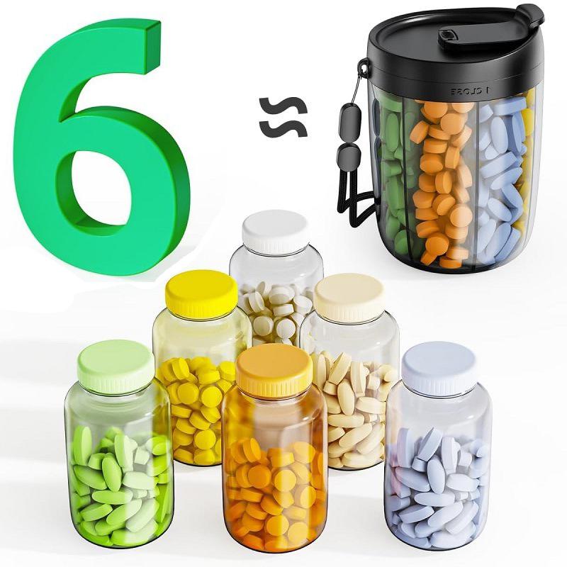 Large Pill Bottle Organizer, Supplement Organizer For Holding 6 Various Vitamins, Pill Box Case With Anti-Mixing & Wide Opening