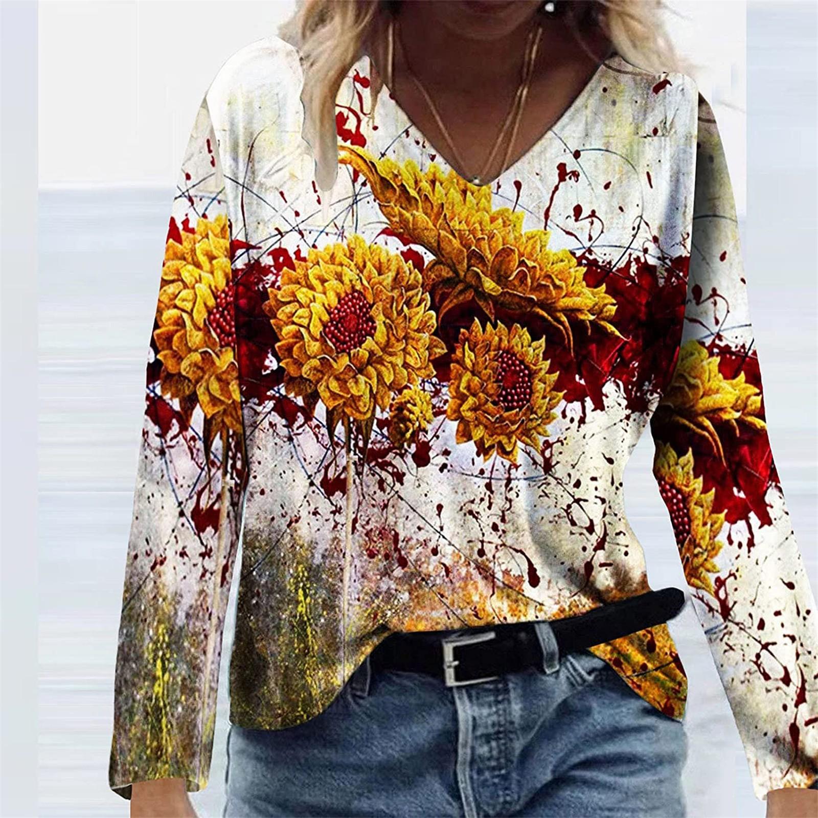 

Fashion Women Deep V-Neck Patchwork Retro Print Long Sleeves Shirt Blouse Tops XXL помаранчевий