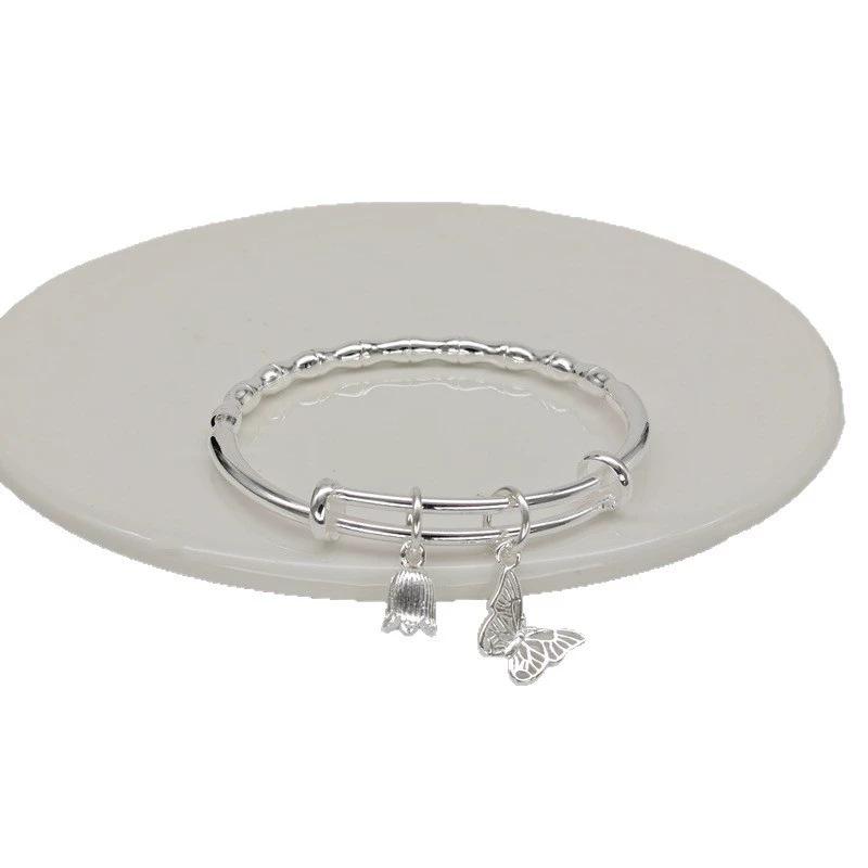 New Chinese-style National Design Silver-plated White Copper Adjustable Sliding Solid Personalized Fashion Butterfly and Bamboo Bracelet
