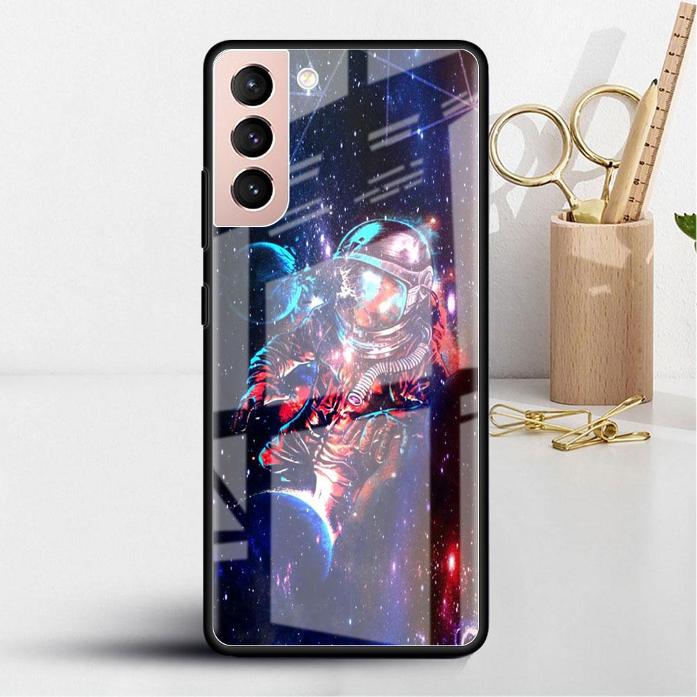 Astronaut Cosmic Planet Glass Case For Samsung Galaxy S22 S20 FE S21 Plus Phone Cover S10 5G S9 Note 20 Ultra 10 Lite Shell