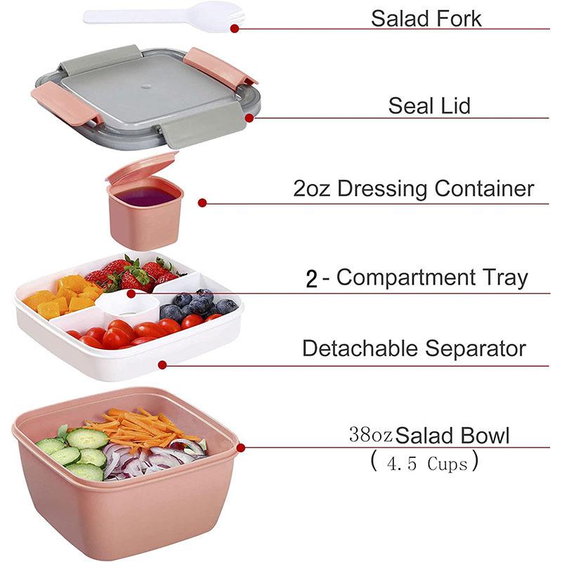 

Portable Salad Lunch Container with 2 Layer Compartments Leakproof Bento Box with Lunch Sauce Cup Fork BPA-Free Meal Prep Box