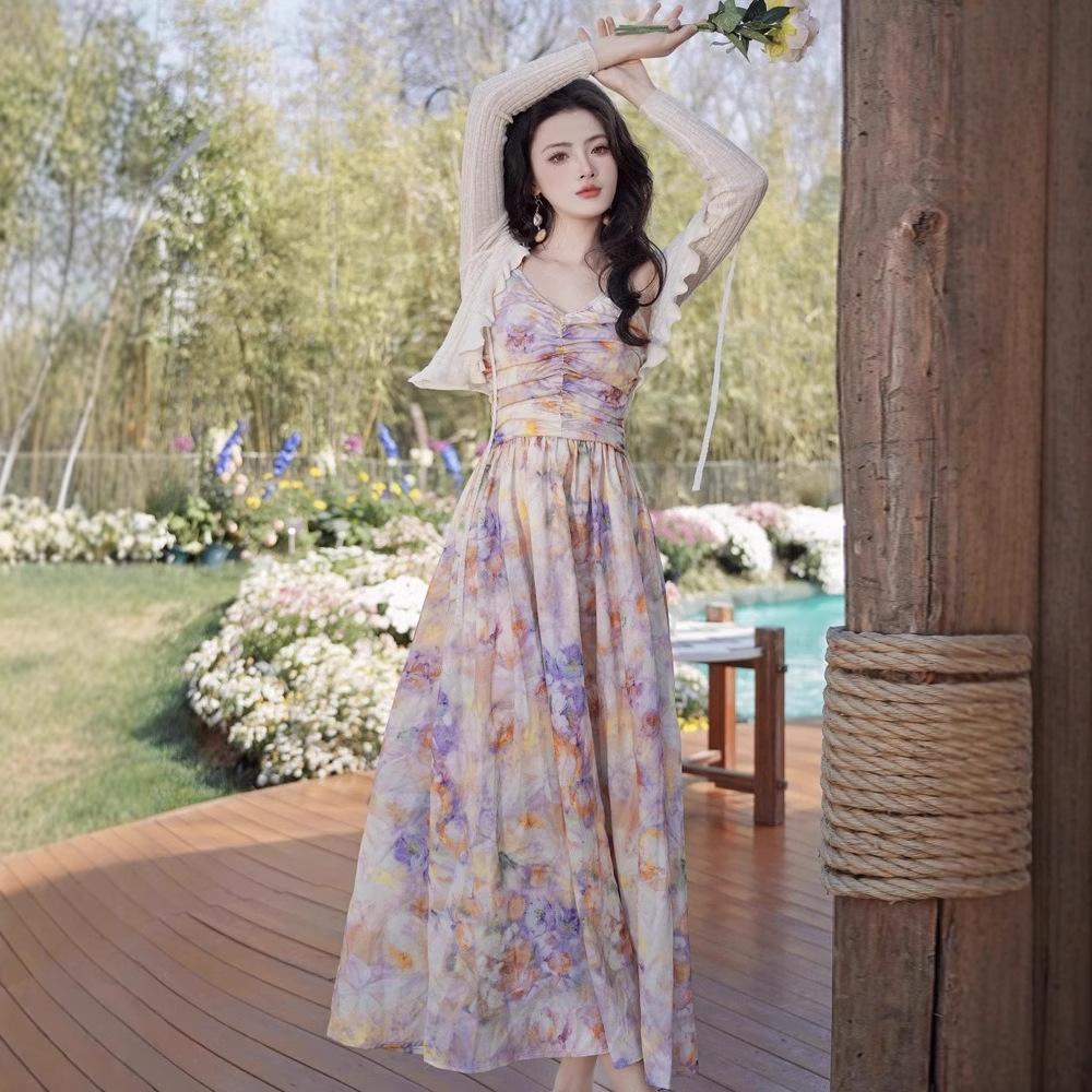 French Vintage and Beautiful Oil Painting Floral Suspender Dress Latest Summer Beach Vacation Beach Skirt