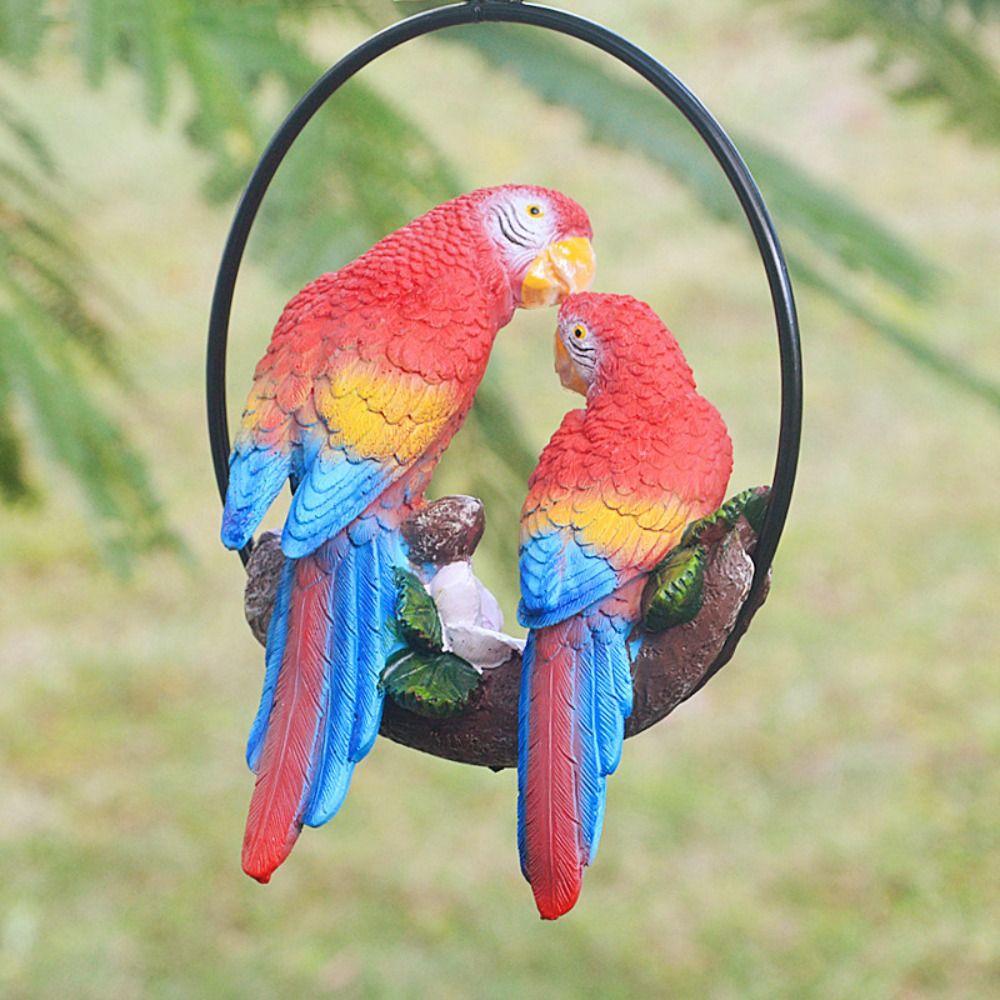 Iron Circle Double Parrot Pendant Cute Animal Sculpture Figurine Crafts Bird Statue  Lawn