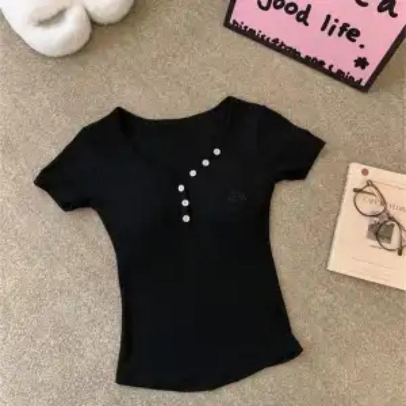 

Summer Women Slim V Neck Short Sleeve Tee Diagonal Button Casual Basic Top OneSize чёрный