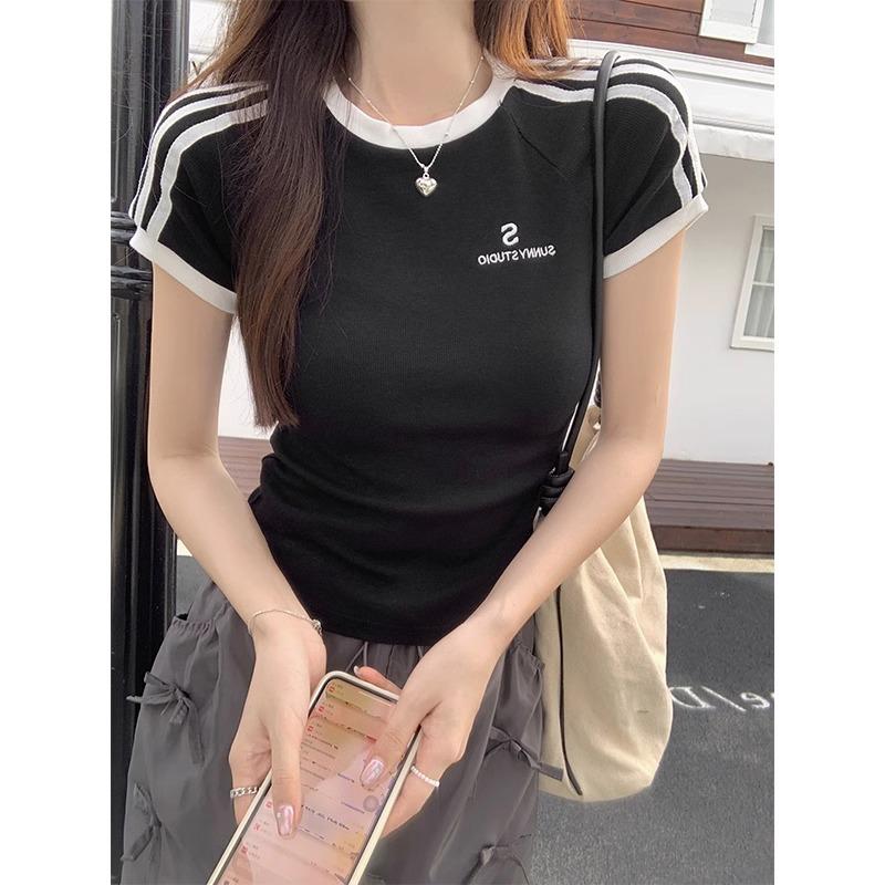 

Футболка абрикосового цвета с тремя вышитыми полосками и рукавами реглан для женщин, летняя, милая, горячая, с защипнутой талией, короткий топ с круглым вырезом и короткими рукавами XL